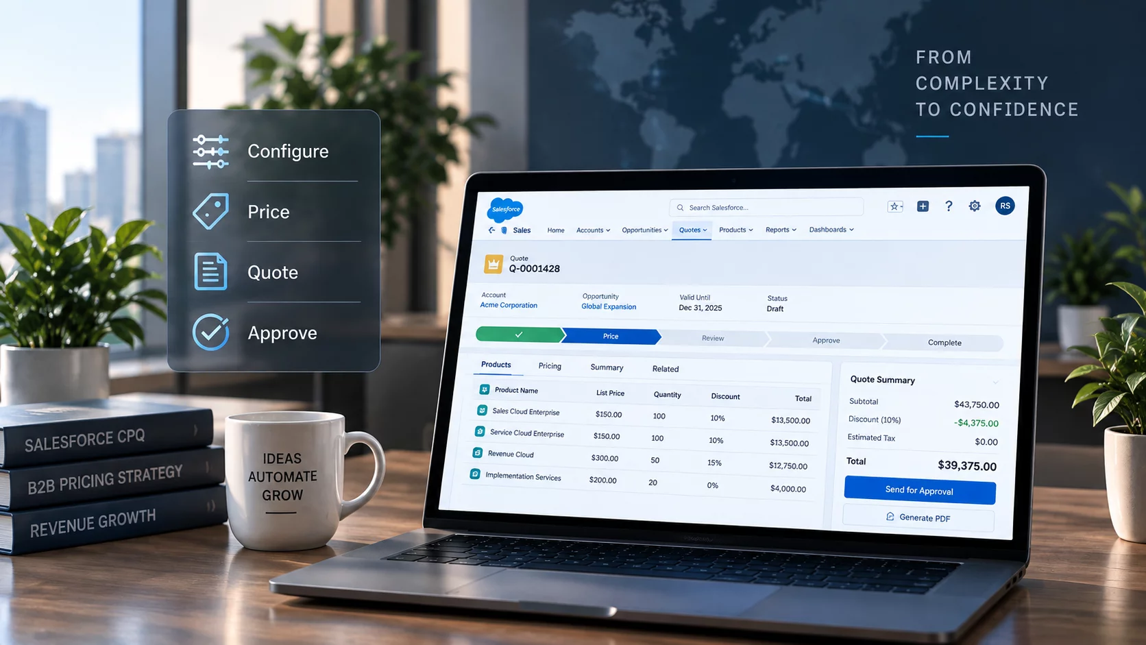Salesforce CPQ Quote interface with automated Configure, Price, Quote, Approve workflow on laptop