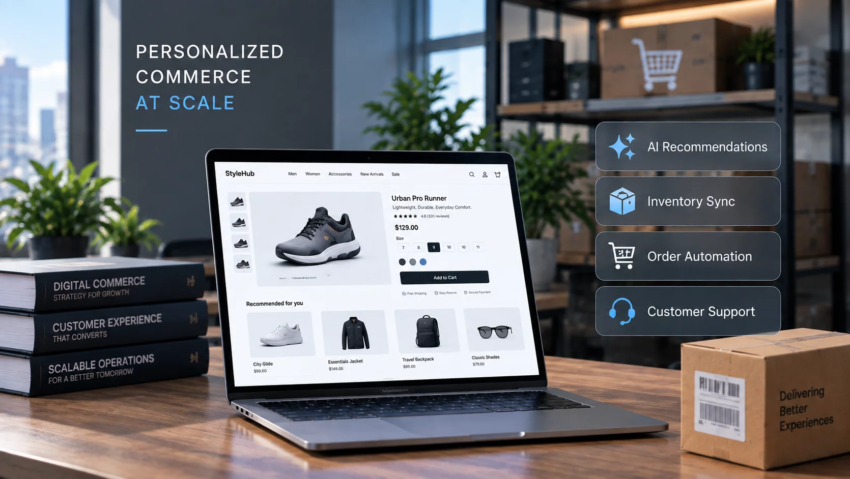 Personalized commerce storefront with AI recommendations, inventory sync, order automation, and customer support