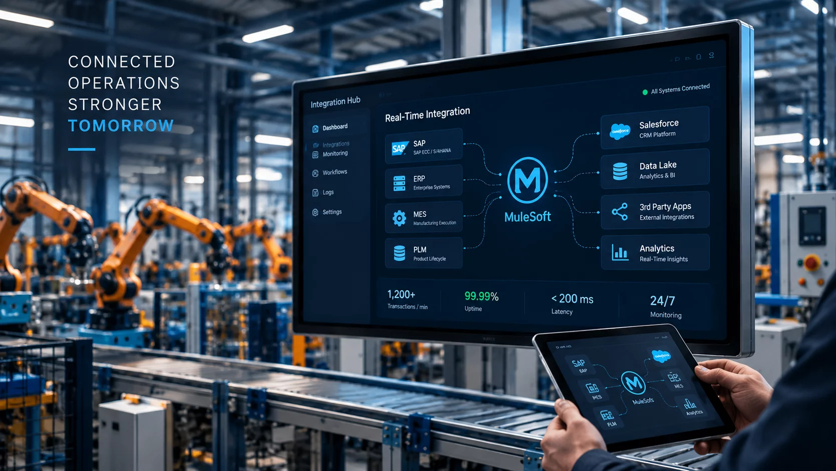 Smart manufacturing facility with real-time MuleSoft Integration Hub connecting SAP, ERP, MES, and Salesforce