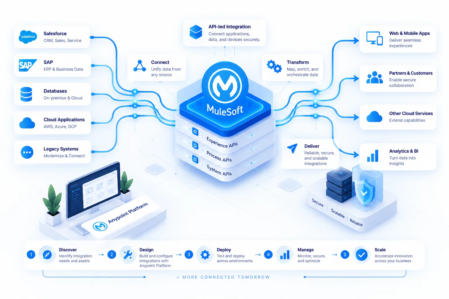 MuleSoft Anypoint Platform integration architecture connecting ERPs, SAP, and core databases